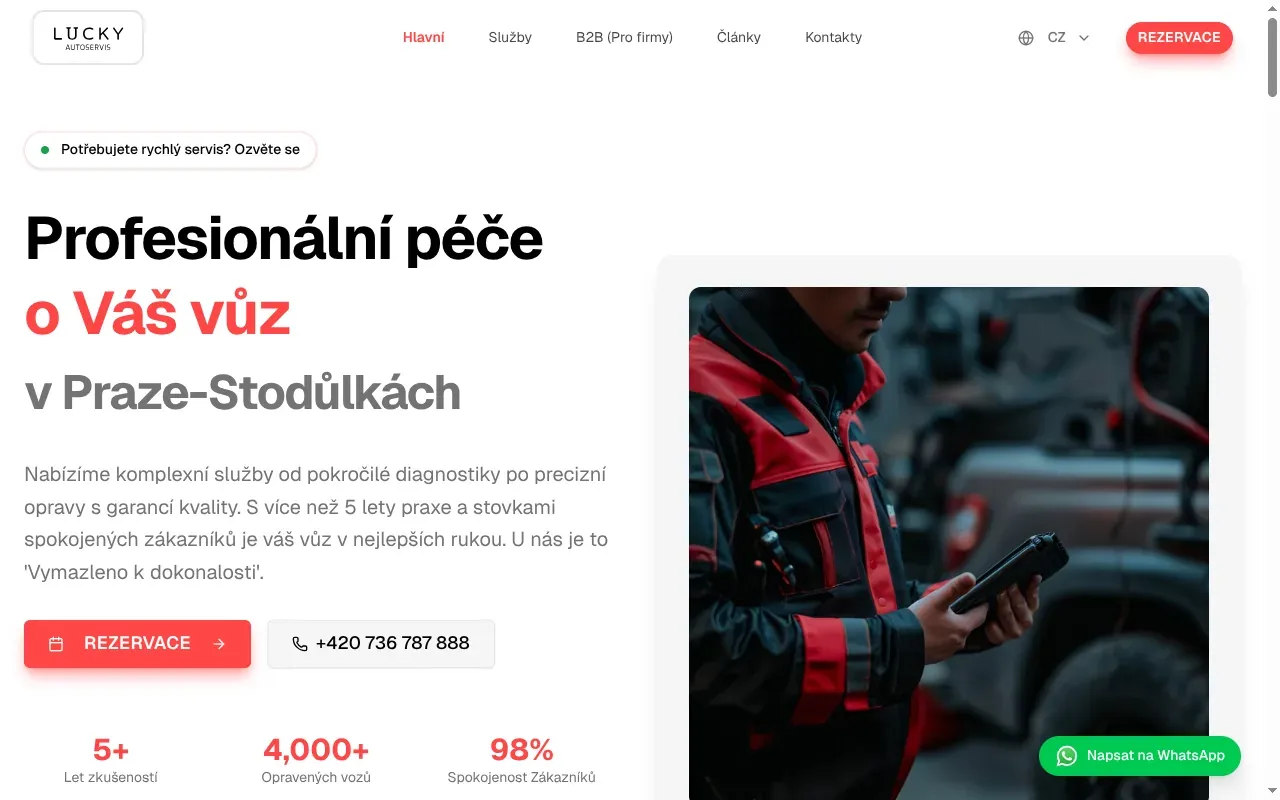 Úvodní stránka lucky-auto.cz: nadpis „Profesionální péče o Váš vůz v Praze-Stodůlkách“, tlačítko Rezervace a telefon