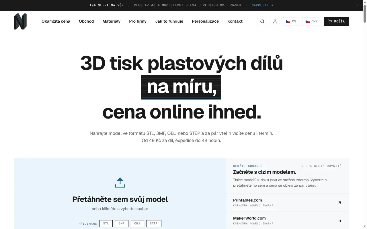 Úvodní stránka niro3d.cz: nadpis „3D tisk plastových dílů na míru, cena online ihned“ a pole pro nahrání modelu