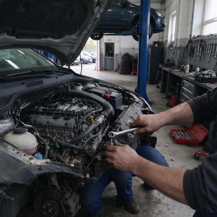 Mechanik opravující motor auta v autoservisu