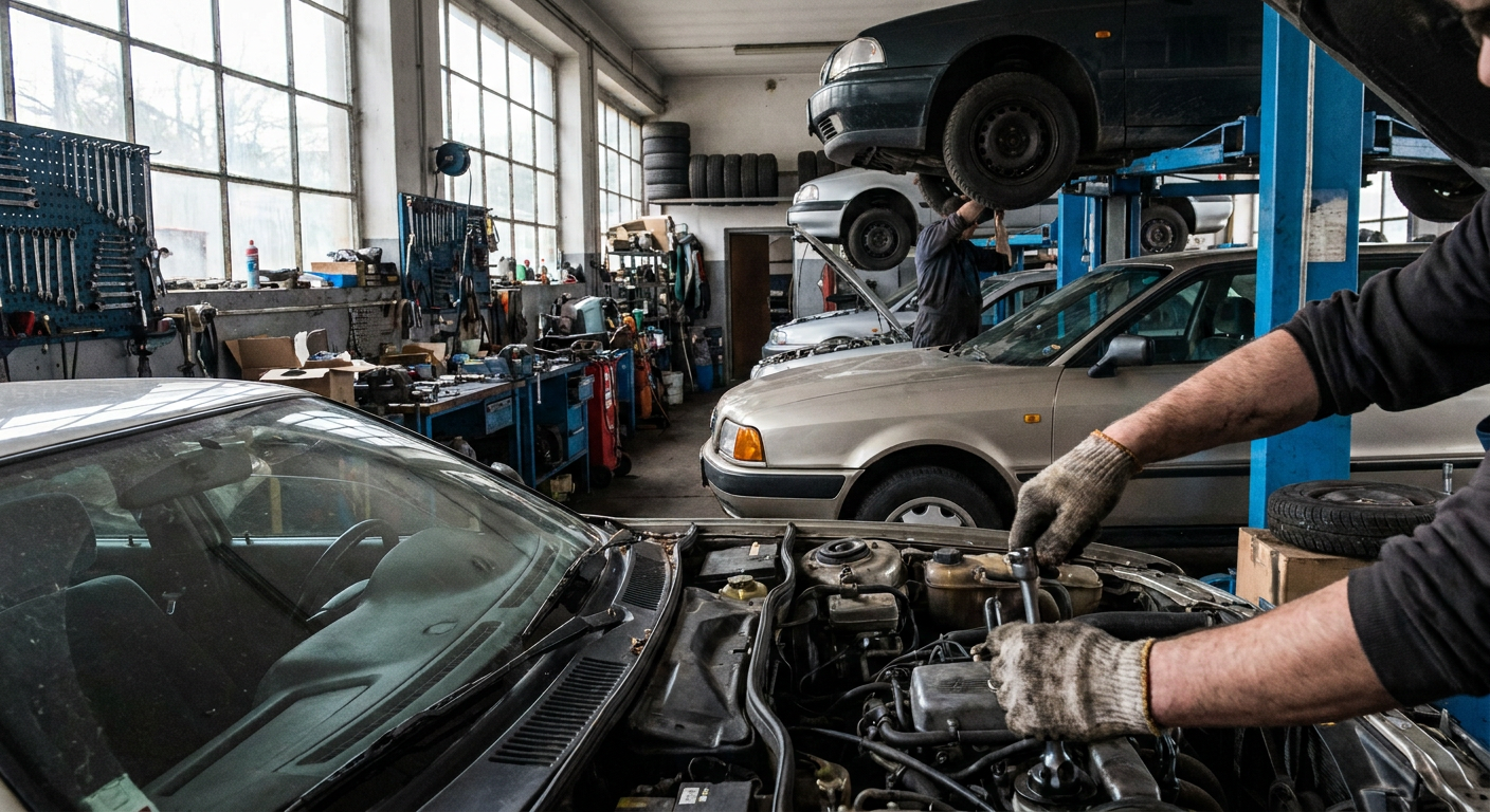 Obrázek vytvořený AI: Mechanik opravující auto v autoservisu