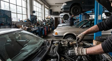 Obrázek vytvořený AI: Mechanik opravující auto v autoservisu