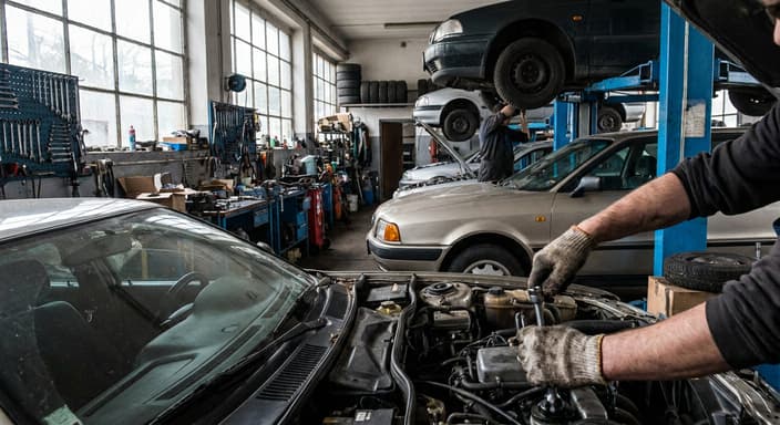 Obrázek vytvořený AI: Mechanik opravující auto v autoservisu