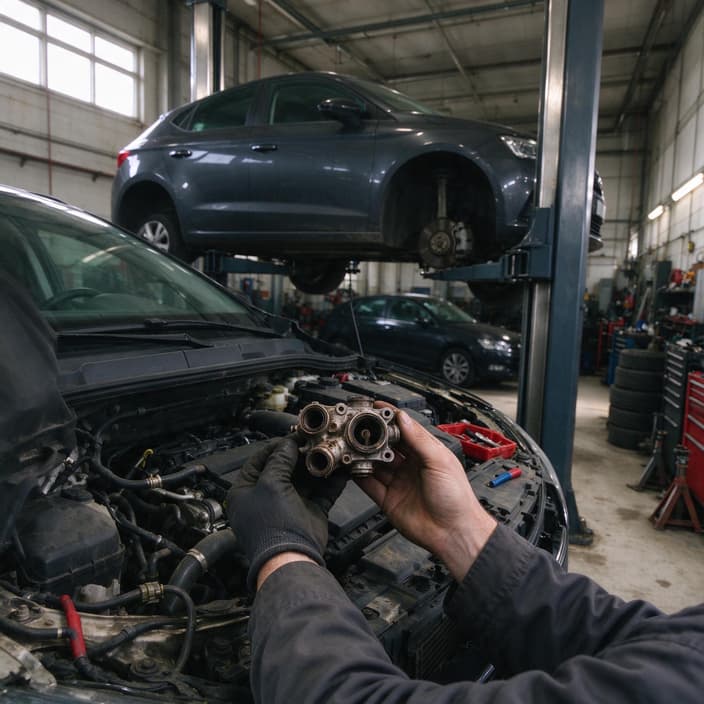 Automechanik v servisu drží v rukou demontovaný EGR ventil nad motorovým prostorem auta.