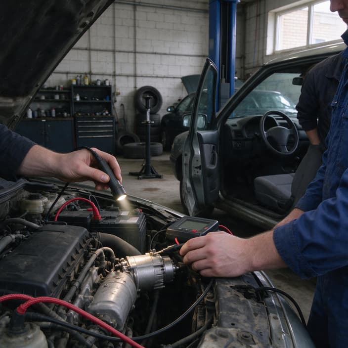 Obrázek vytvořený AI: Automechanik měří multimetrem startér v motorovém prostoru auta