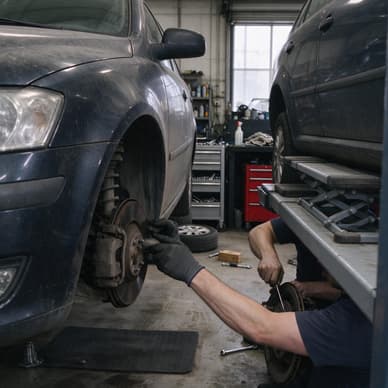 Obrázek vytvořený AI: Mechanik opravující podvozek a přední nápravu auta v autoservisu