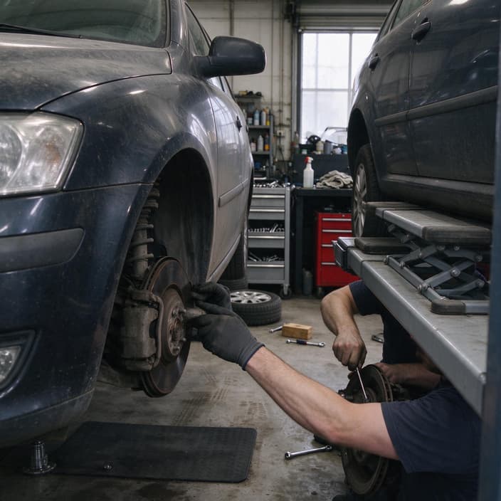 Obrázek vytvořený AI: Mechanik opravující podvozek a přední nápravu auta v autoservisu