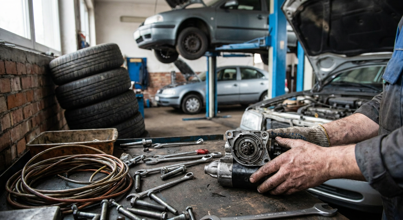 Obrázek vytvořený AI: Mechanik drží v rukou demontovaný automobilový startér v autoservisu