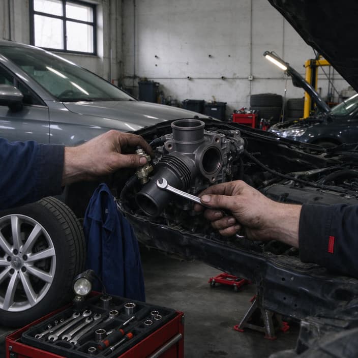 Mechanik opravující EGR ventil v motoru auta v autoservisu