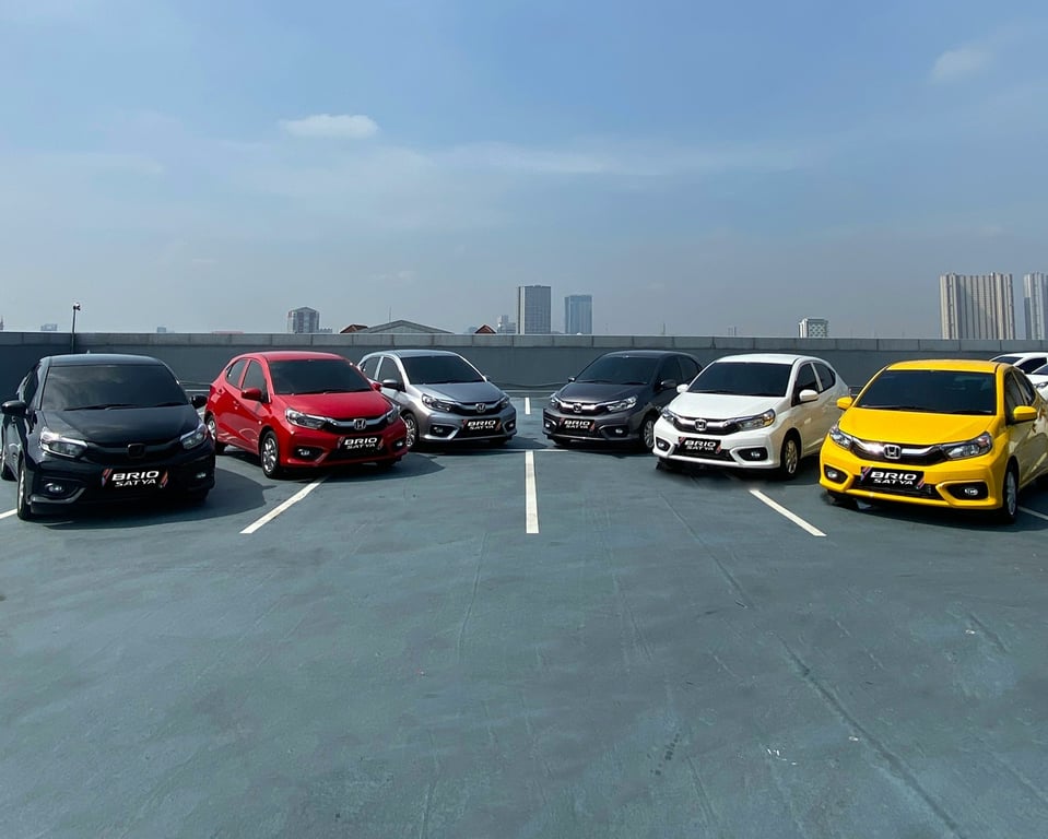Flotila barevných kompaktních vozů Honda Brio, ilustrující naši schopnost odborně zvládat údržbu jednotlivých vozidel i celých vozových parků.