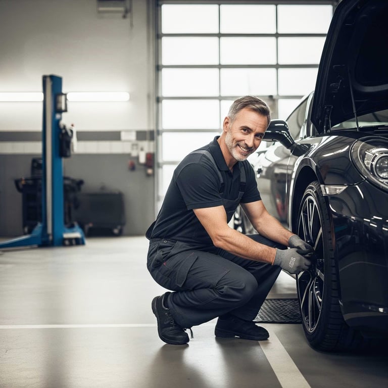 Automechanik v úsměvu pracuje na pneumatice černého auta v garáž