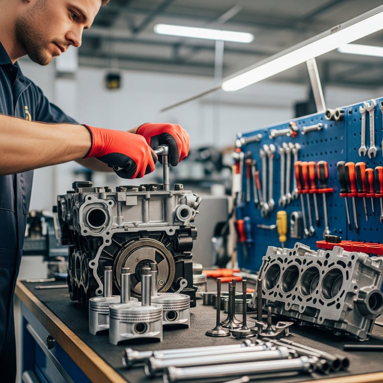 Generální oprava motoru. Mechanik v červených rukavicích pracuje na rozebraném bloku válců, vedle na stole leží písty a ventily. Profesionální servis oprav motorů.