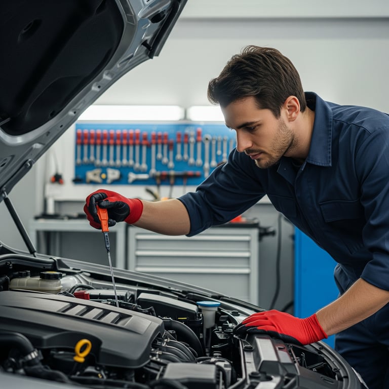 Sezónní prohlídka vozu. Mechanik v modré kombinéze a červených rukavicích provádí kontrolu motoru pod otevřenou kapotou. Příprava na zimu nebo léto.