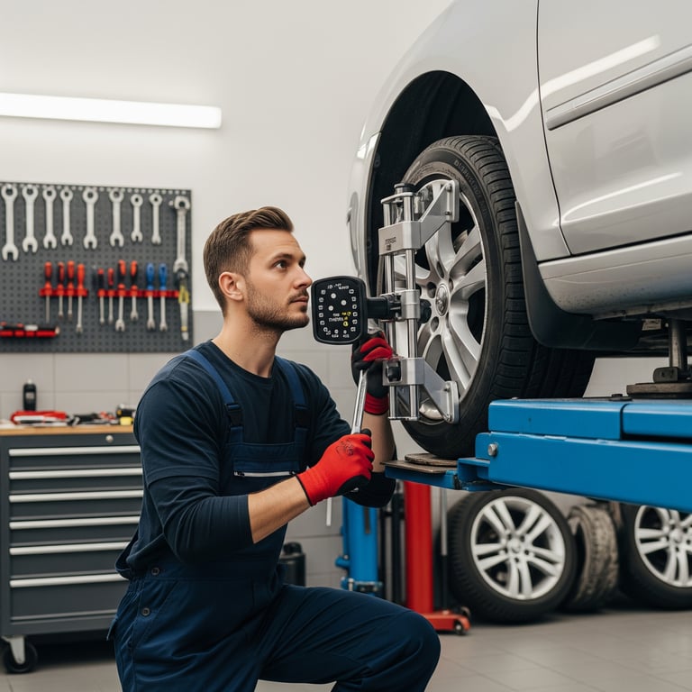 Geometrie kol. Mechanik v modré kombinéze a červených rukavicích provádí počítačové seřízení geometrie kol auta na speciálním zařízení.