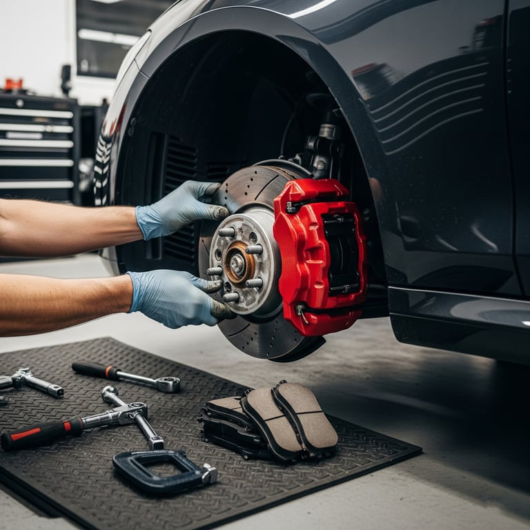 Servis a údržba brzd. Detail kotoučové brzdy s červeným třmenem a nových brzdových destiček. Služby výměny brzdových kotoučů a destiček.