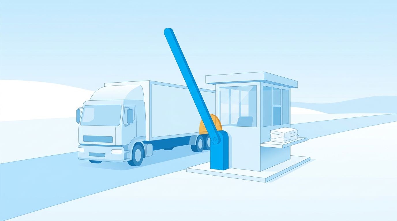 AI-generated illustration of a border barrier, blank papers and a trailer waiting to cross, a customs clearance motif
