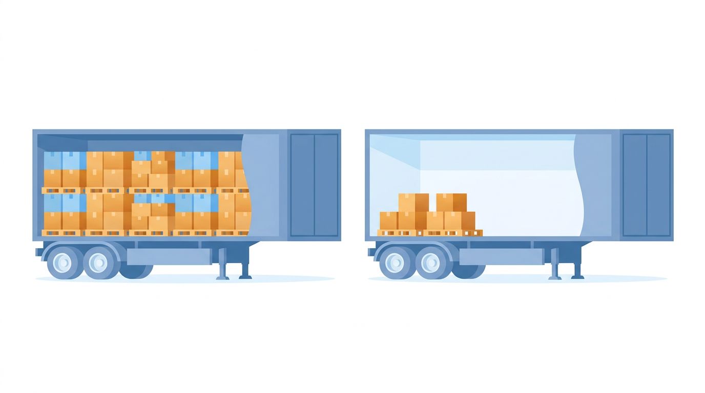 AI-generated illustration of a fully loaded trailer next to a partly loaded one, an FTL versus LTL motif