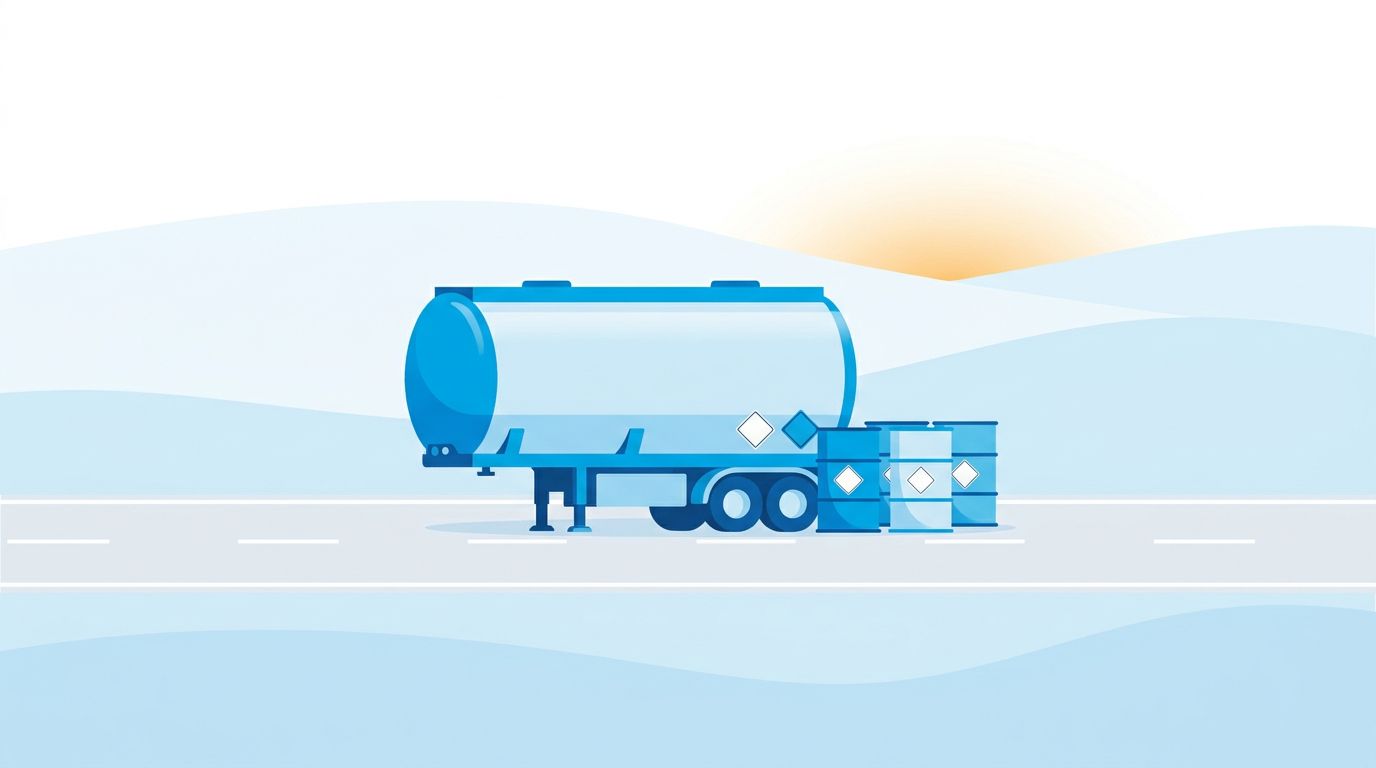 AI-generated illustration of a tank trailer and drums with blank diamond placards, a generic hazardous goods motif