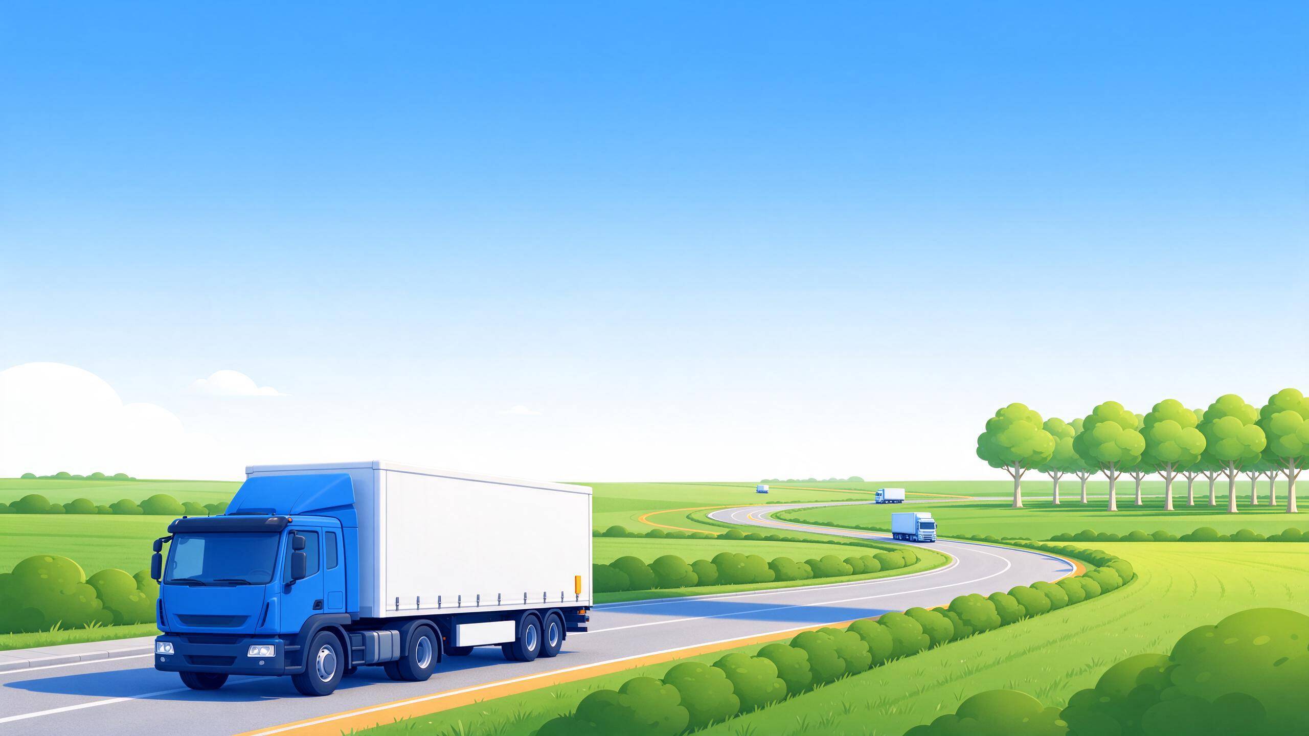 AI-generated illustration of a road between rolling fields and rows of plane trees with an amber route line