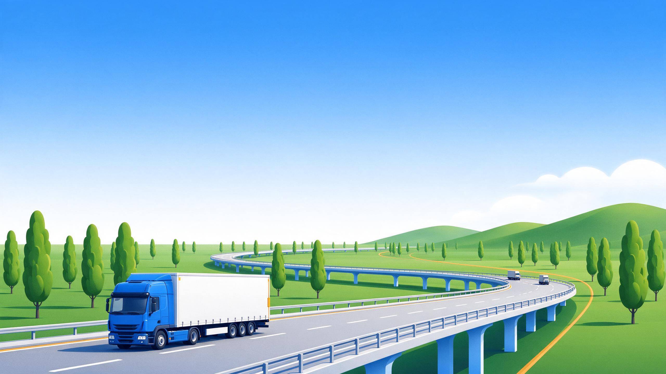 AI-generated illustration of a motorway viaduct leading from a poplar plain toward soft hills with an amber route line