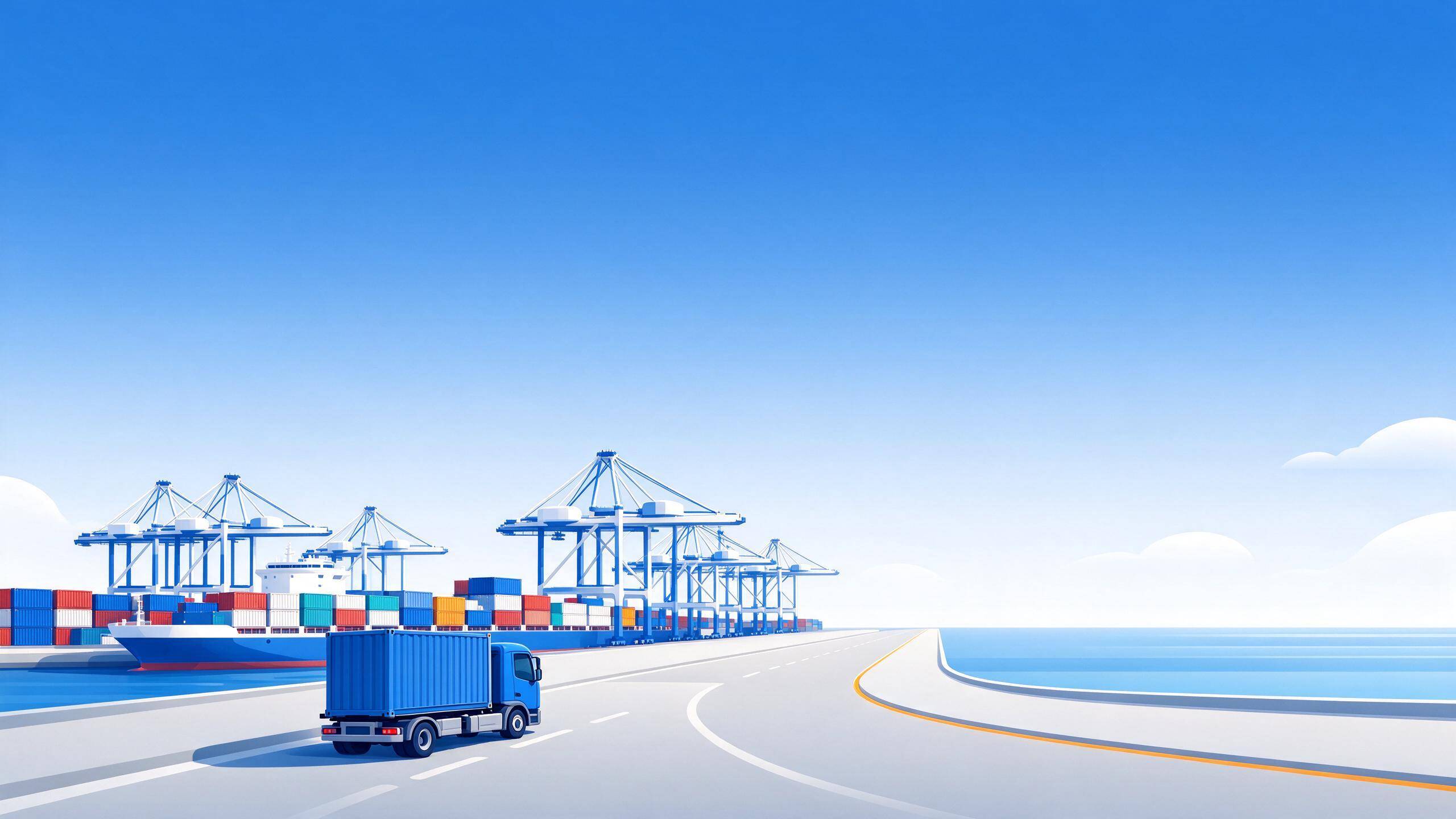 A road from a container port with cranes and a blue truck carrying a container