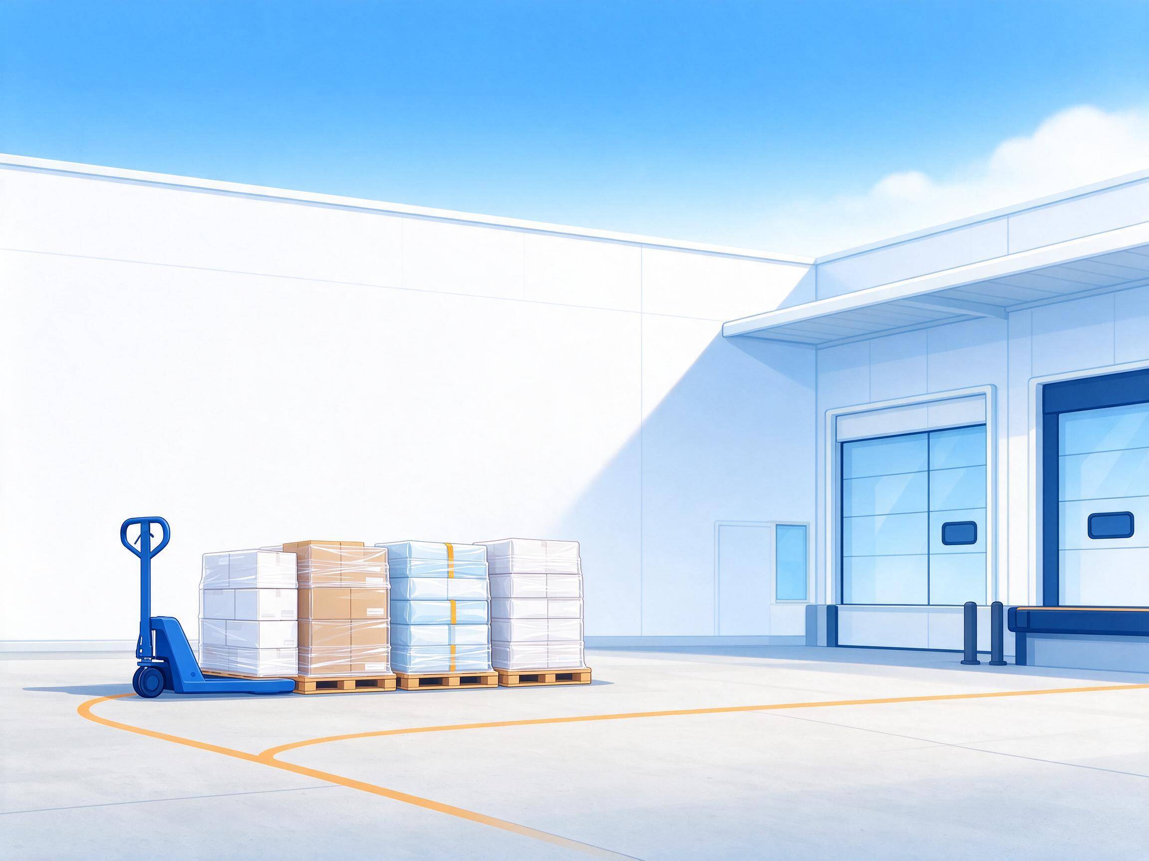 AI-generated illustration of a row of wrapped pallets of mixed cargo and a pallet jack in front of a warehouse