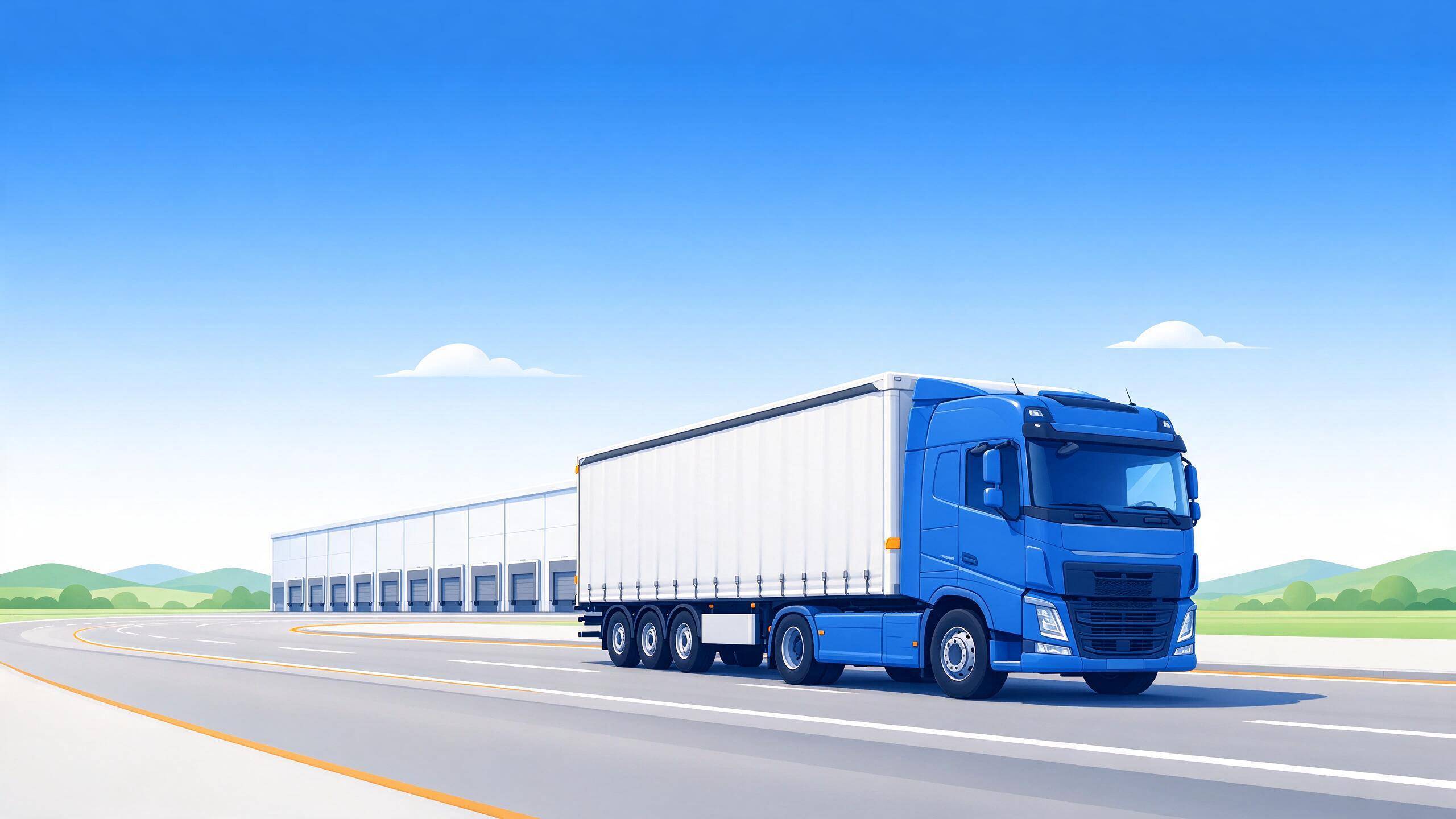 AI-generated illustration of a blue tractor unit with a white semi-trailer on a motorway, loading docks behind it; a generic scene, not a real vehicle