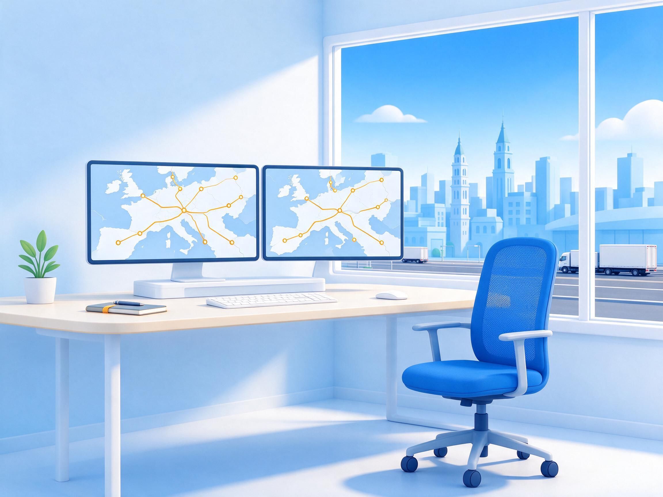 AI-generated illustration of a sunny desk with two monitors showing a route map of Europe and a blue chair by a window; a generic scene, not the real workplace