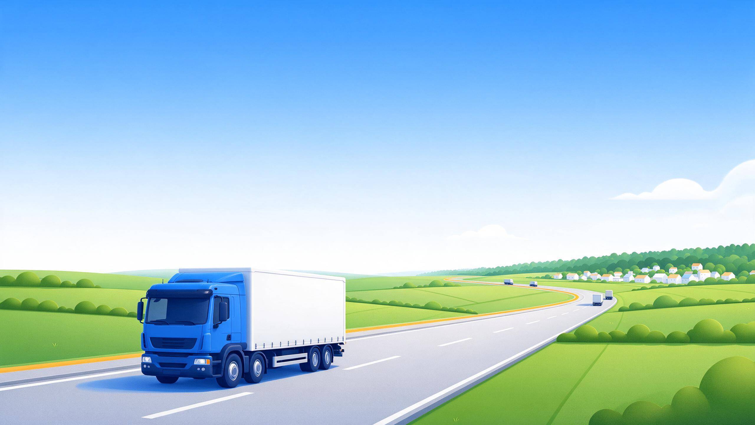 AI-generated illustration of a multi-lane motorway through rolling farmland by a forest with an amber route line
