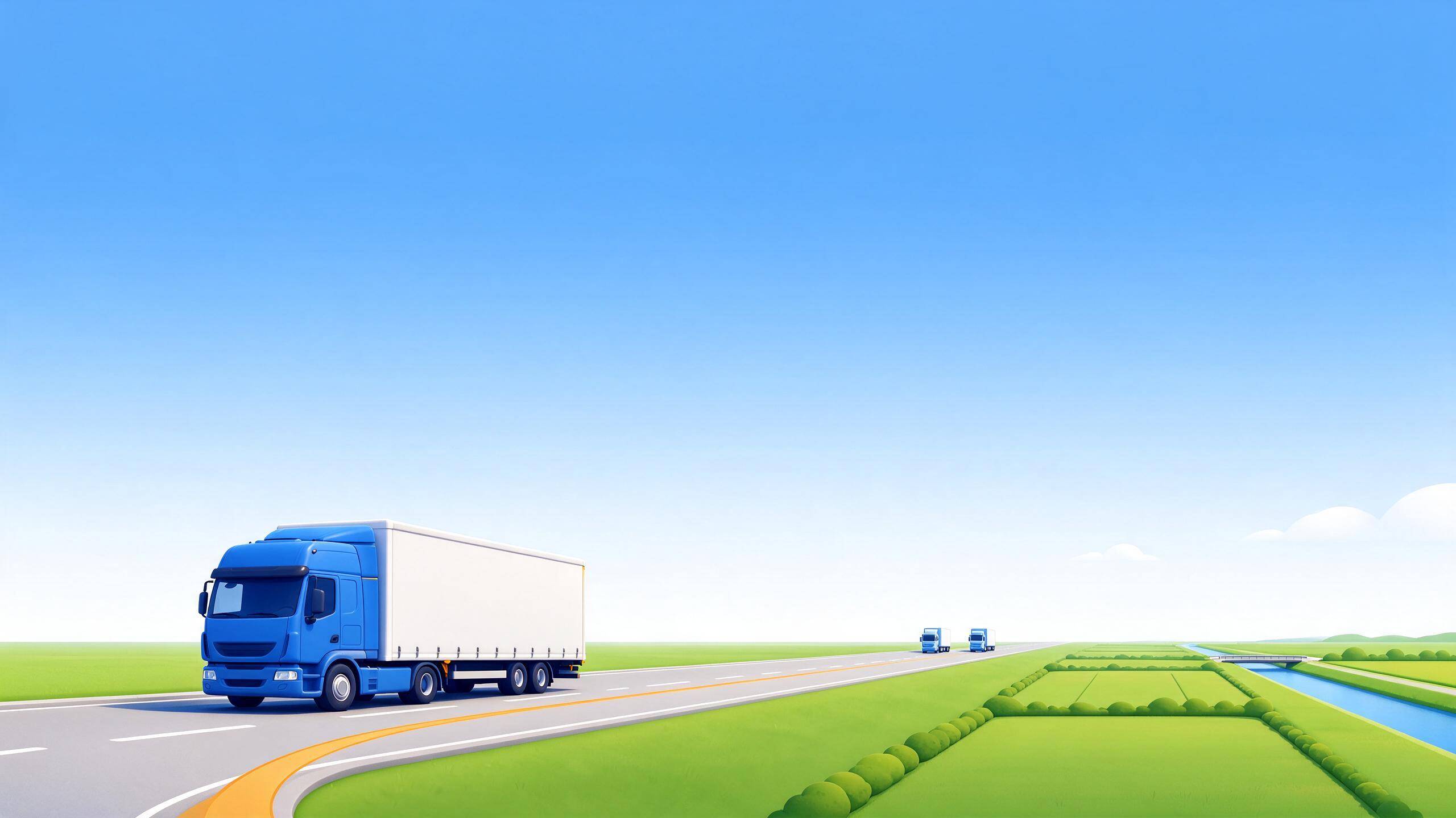 AI-generated illustration of a straight motorway across flat farmland and a canal with an amber route line
