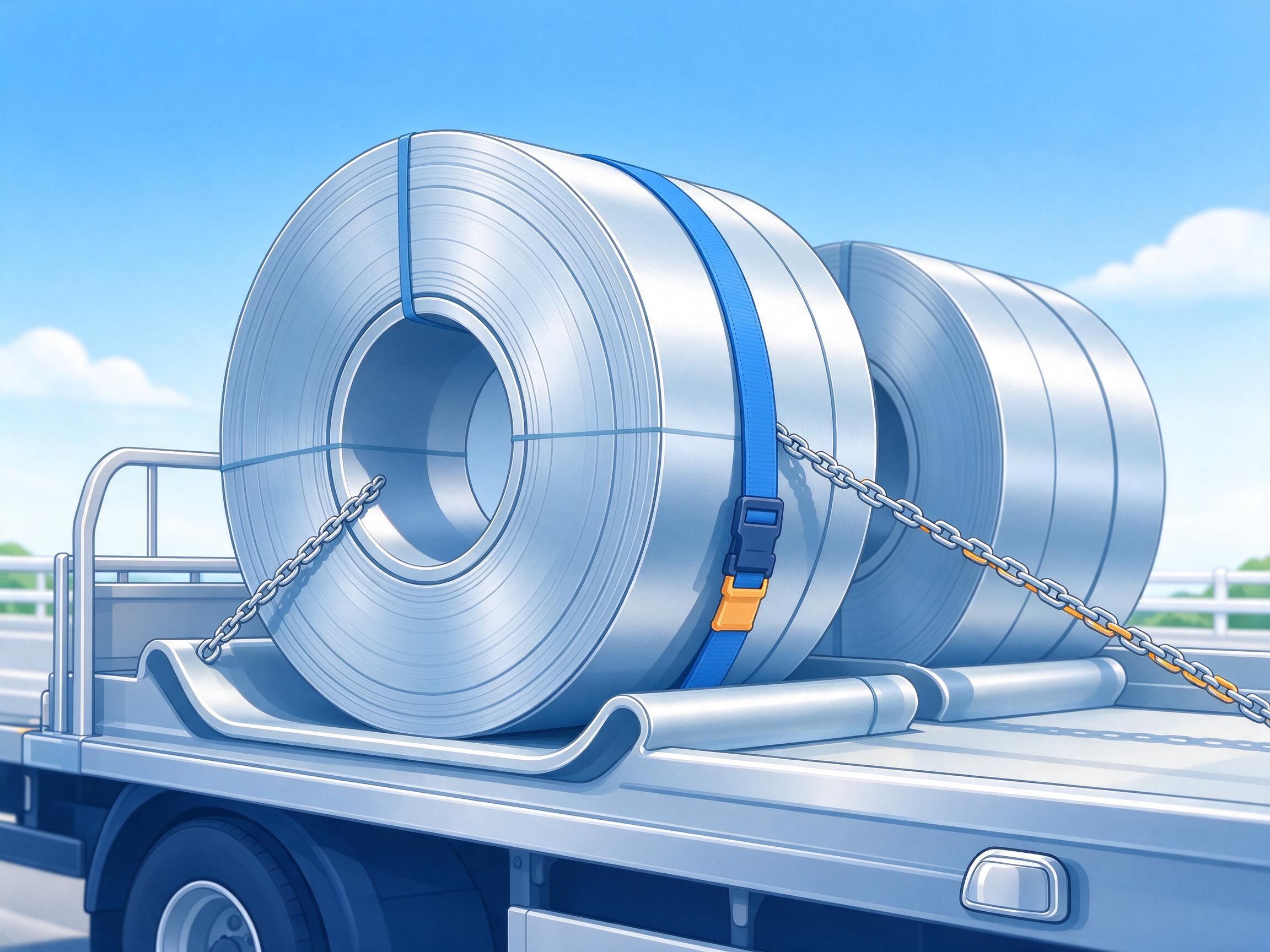 AI-generated illustration of a close-up of steel coils lying lengthwise in coil troughs with a chain and a lashing strap over them