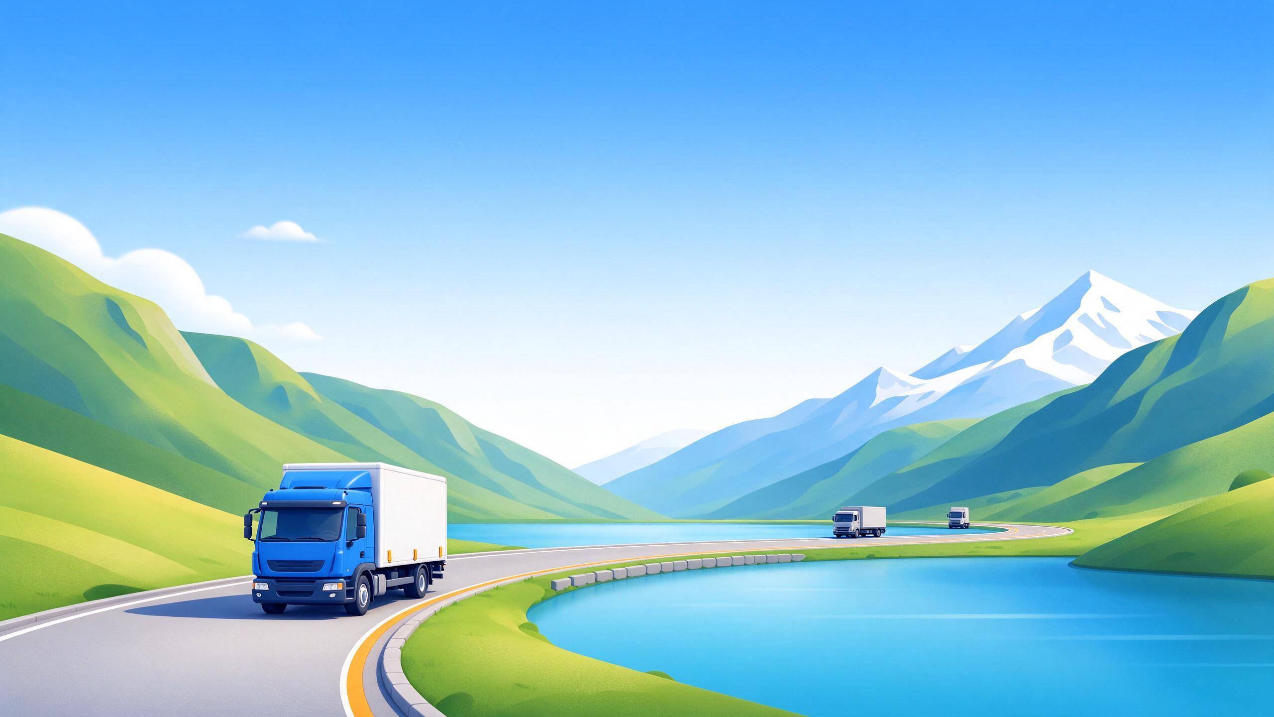 AI-generated illustration of a mountain road beside a calm alpine lake in a steep valley with an amber route line