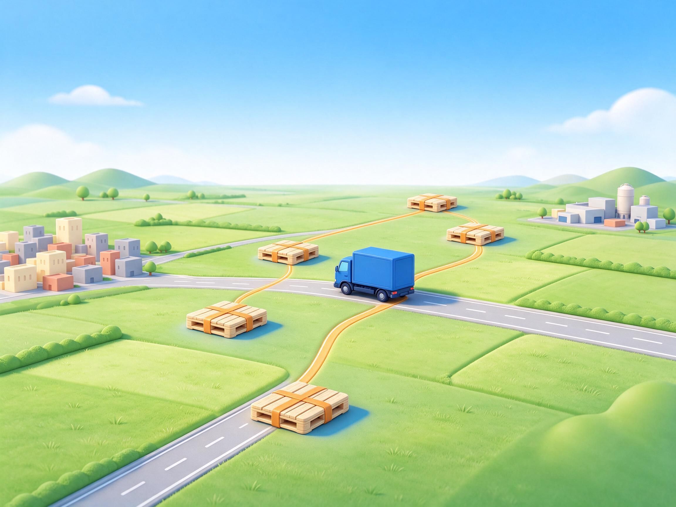 AI-generated illustration of a landscape with an amber route line joining several pallet stops