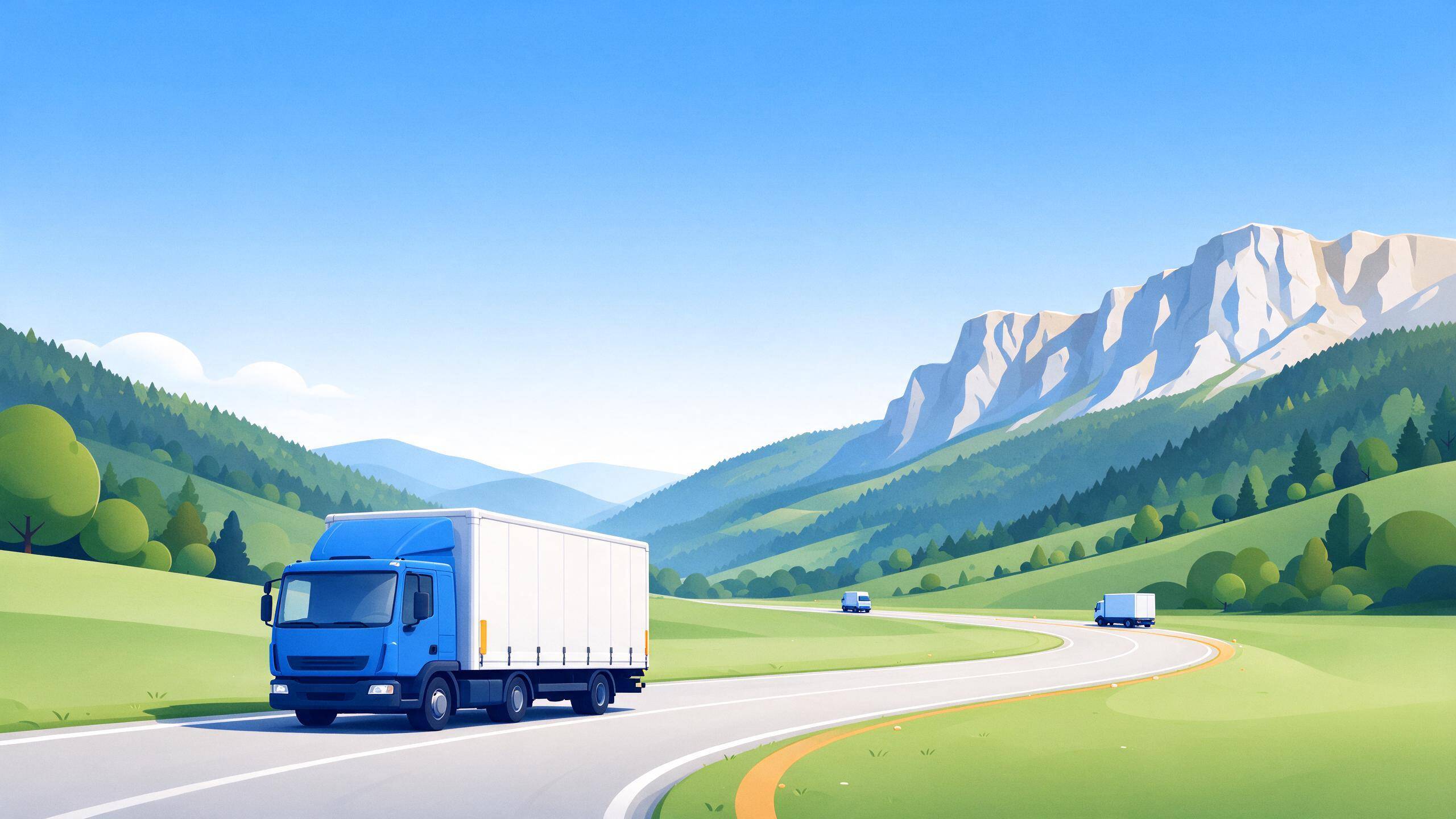 AI-generated illustration of a road through a green valley below forested mountain foothills with an amber route line