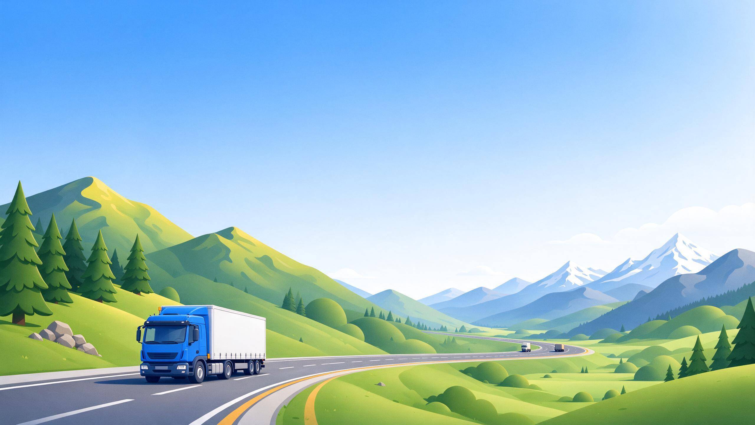 AI-generated illustration of a motorway winding through an Alpine valley with a thin amber route line