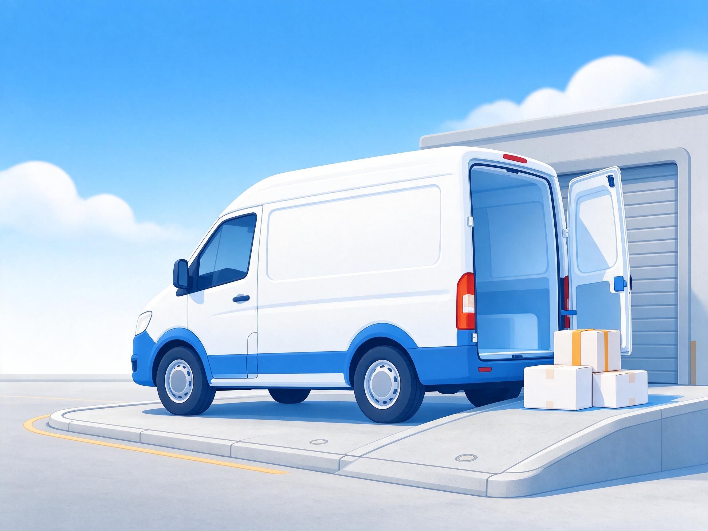 AI-generated illustration of a panel van at a ramp with open doors and a few parcels in the morning