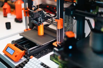 Moderní 3D tiskárna tiskne oranžový předmět z filamentu v dílně