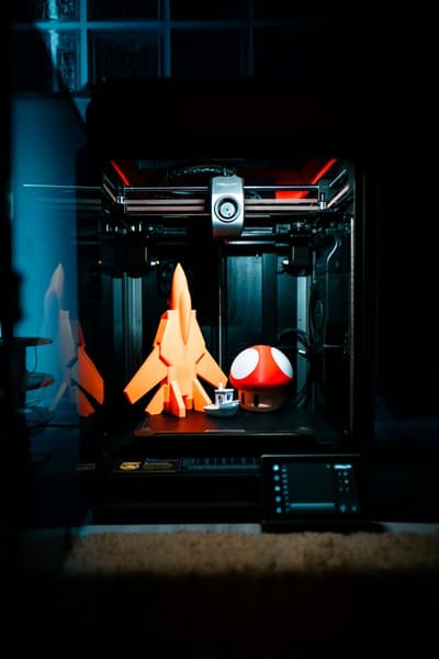A 3D printer in a dark room illuminated by blue and red light. Inside the printer, three 3D printed models lie on the build plate: a large orange fighter jet or rocket, a small white ship model, and a large red and white Super Mario-style mushroom. An interactive touchscreen is visible in the foreground.