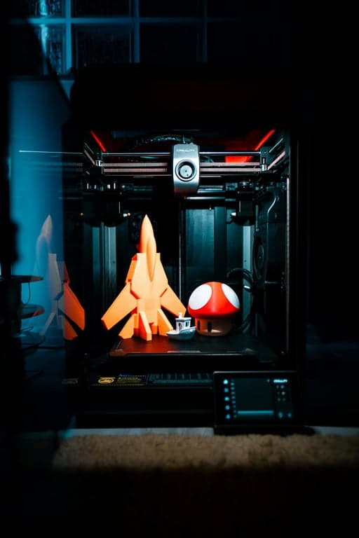 A 3D printer in a dark room illuminated by blue and red light. Inside the printer, three 3D printed models lie on the build plate: a large orange fighter jet or rocket, a small white ship model, and a large red and white Super Mario-style mushroom. An interactive touchscreen is visible in the foreground.