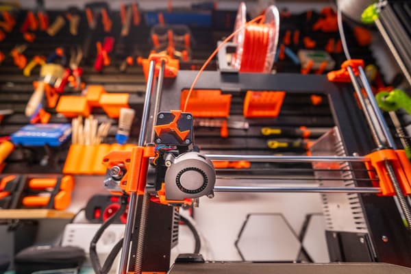 Detail tiskové hlavy 3D tiskárny s oranžovým filamentem v dílně.