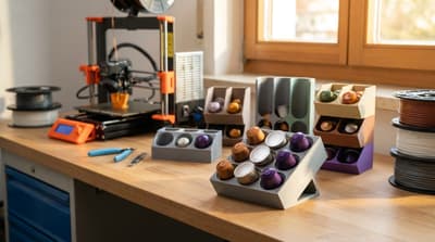 A 3D printed Nespresso capsule holder on a kitchen counter next to a coffee machine