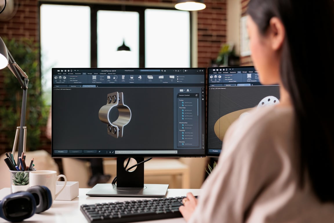 Pohled přes rameno na designéra u stolu se dvěma monitory, který v CAD softwaru modeluje kovovou mechanickou pouzdrovou součástku.
