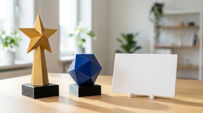 A 3D printed star-shaped corporate trophy on a base next to a commemorative plaque