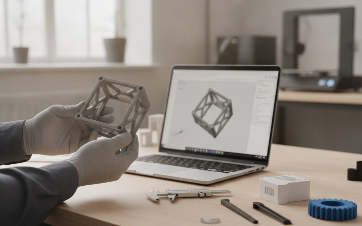 An engineer wearing white gloves holds a freshly 3D-printed grey lattice bracket next to a laptop running CAD software that shows the same part. A precision caliper, a printed enclosure, and a gear sit on the workbench, with a 3D printer in the background.
