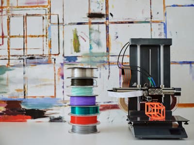 Futuristic 3D printing application interface with 3D printers in the background in neon colors.