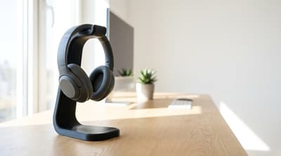 A minimalist headphone stand on a desk with a headset resting on it