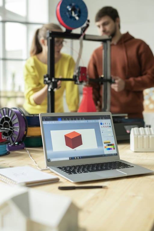 Laptop with a 3D model on the table in the foreground, with a 3D printer and people looking at it in the background