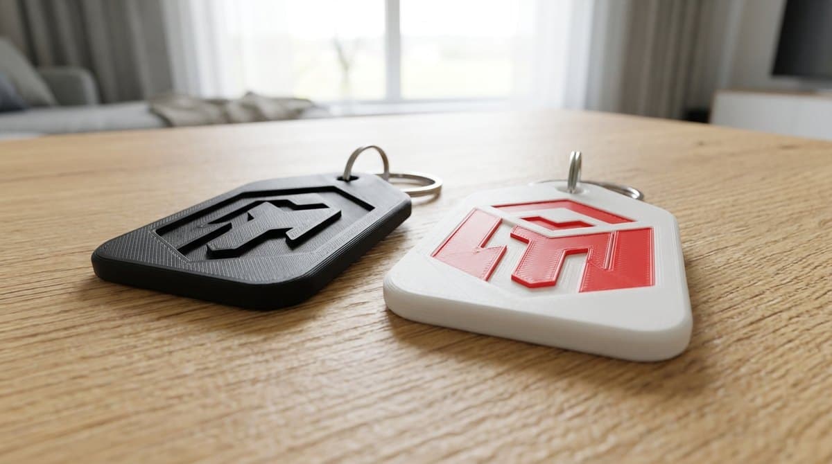 Close-up of a 3D printed keychain with a raised company logo next to a multi-colour version